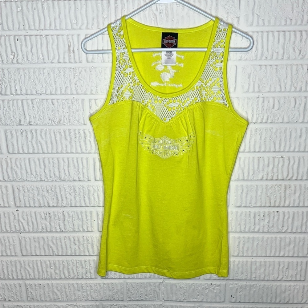 Harley Davidson Neon Yellow Lace Trim Tank Top
